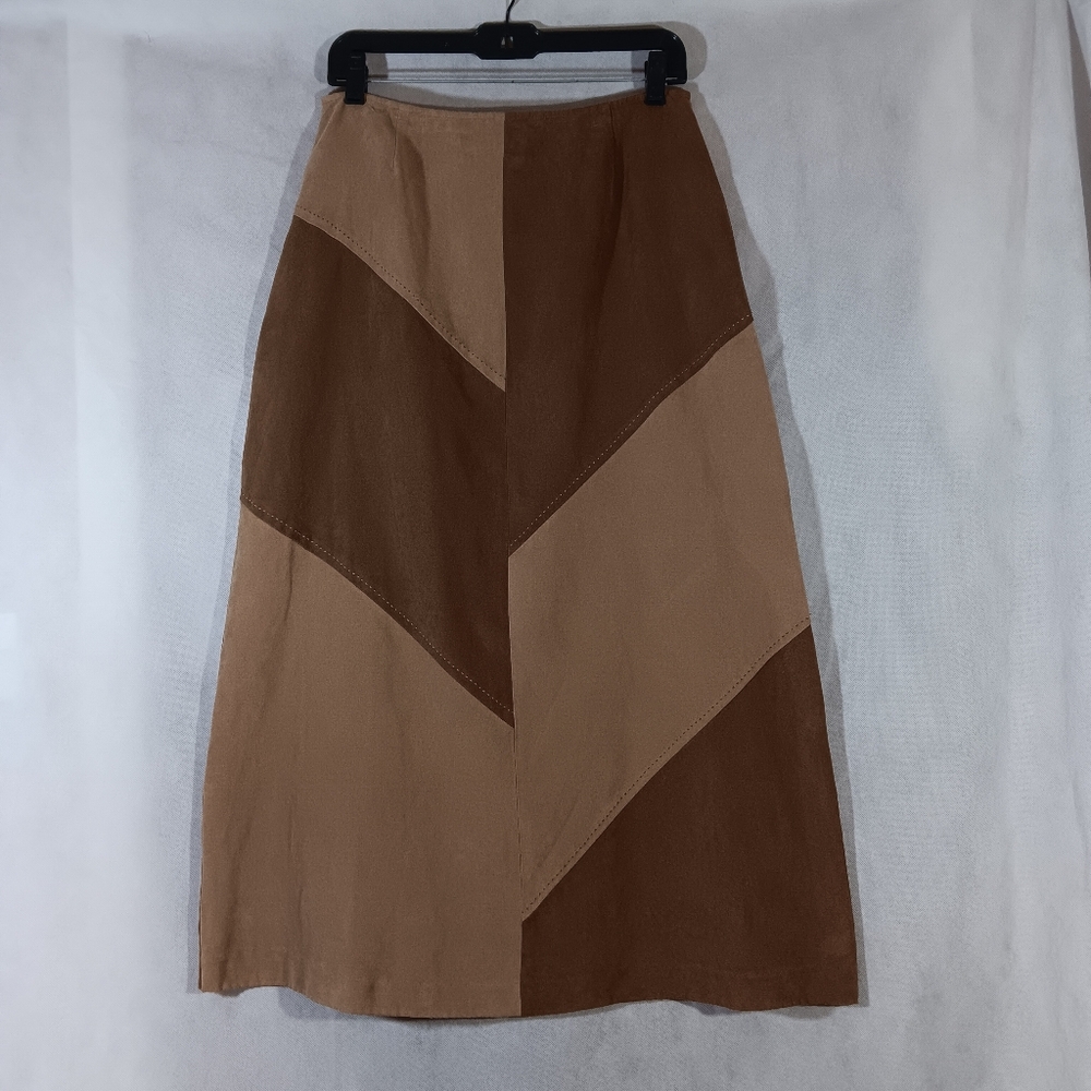 Norton Studio Womens 8 Skirt Y2K Mod Colorblock Patchwork Faux Suede Brown Tan